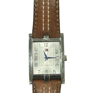 Tommy Hilfiger Watch Mens Silver Stainless Steel Date Watch Brown Leather Strap